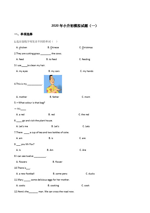 六年级下册英语试题--2020年小升初模拟试题(一)北京版(含答案)