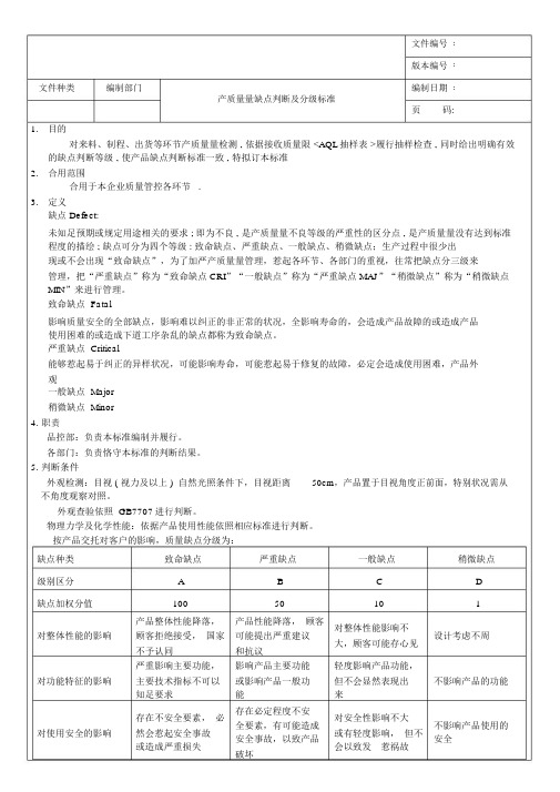 产品质量缺陷判定分级标准