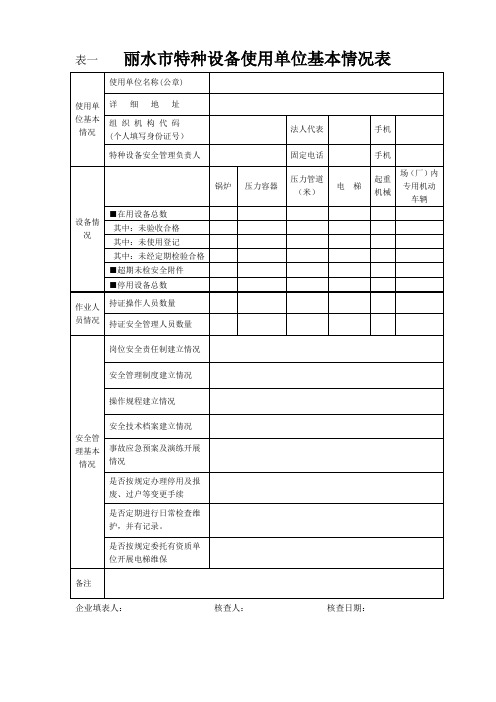 表1丽水特种设备使用单位基本情况表