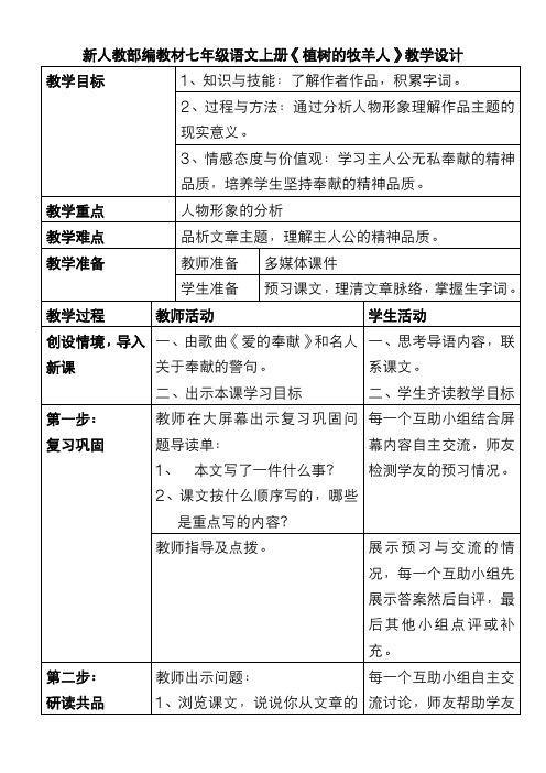 新人教部编教材七年级语文上册《植树的牧羊人》教学设计