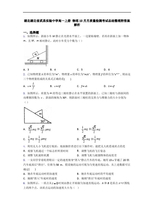 湖北湖北省武昌实验中学高一上册 物理10月月质量检测考试总结整理附答案解析