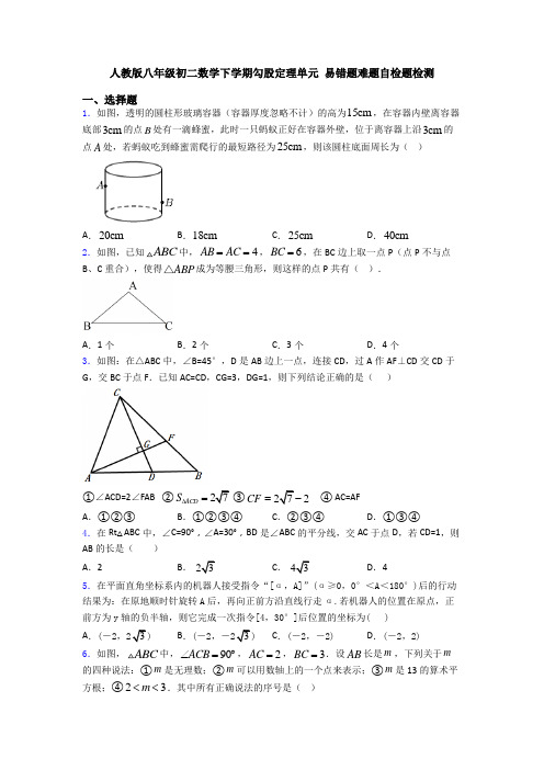 人教版八年级初二数学下学期勾股定理单元 易错题难题自检题检测