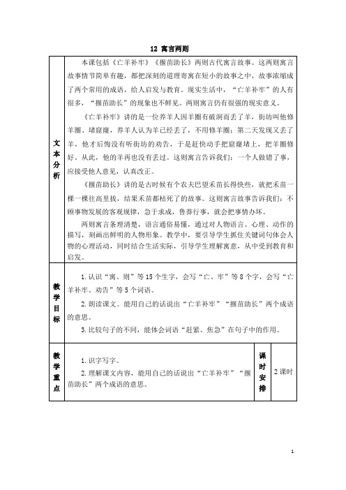 最新部编版二年级语文下册(精编)12 寓言二则(教案)