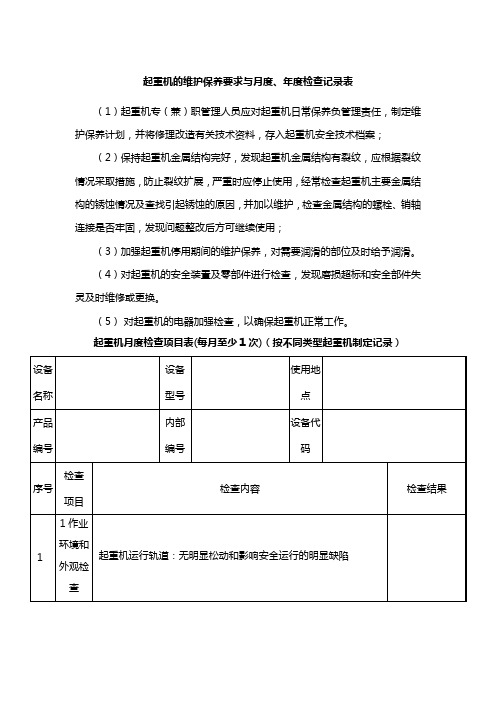 起重机的维护保养要求与月度、年度检查记录表