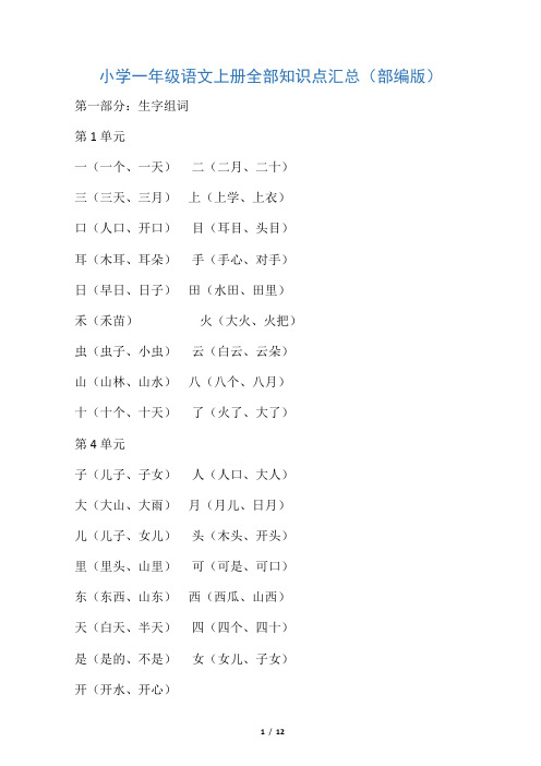 小学一年级语文全部知识点汇总