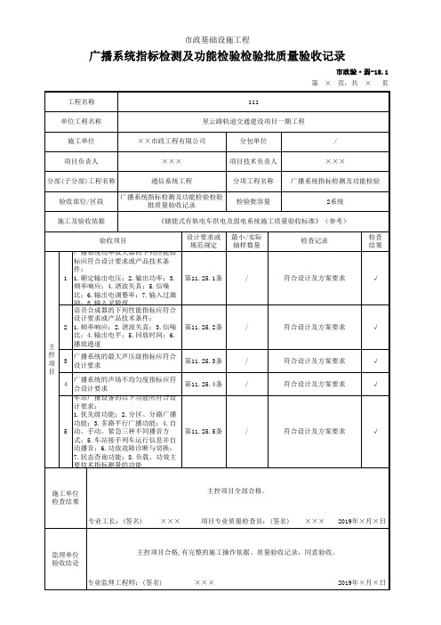 广播系统指标检测及功能检验检验批质量验收记录