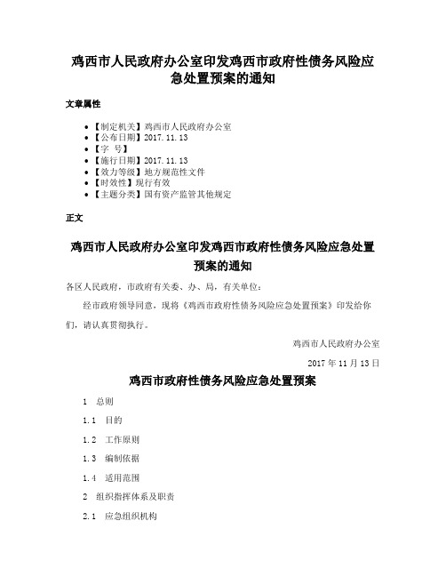 鸡西市人民政府办公室印发鸡西市政府性债务风险应急处置预案的通知