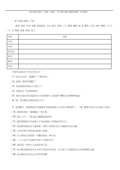 初中语文语法、词性、短语、句子成分练习题及答案(打印版)