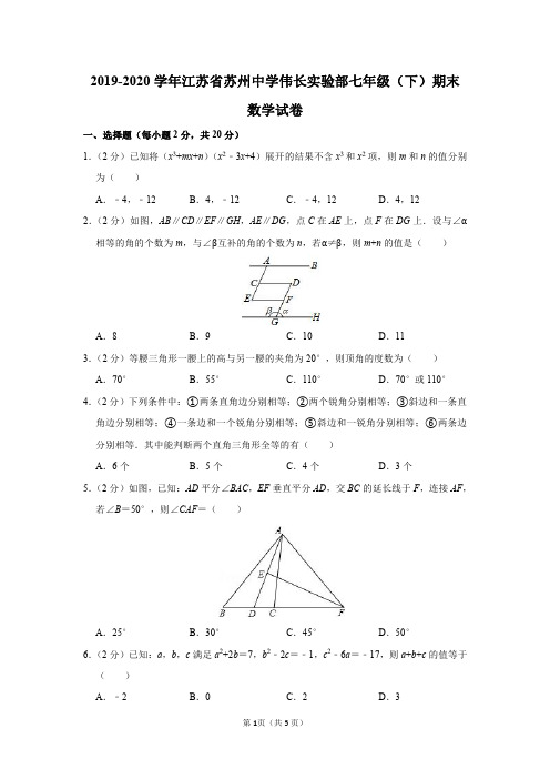 江苏省苏州中学伟长实验部2019-2020学年七年级(下)期末数学试卷及答案解析