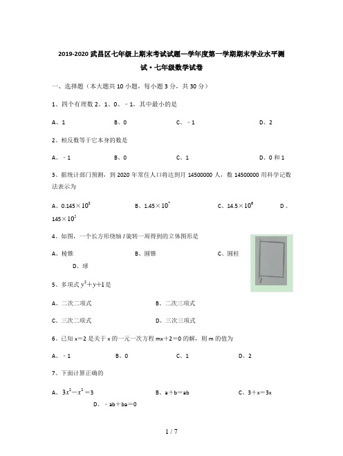 2019-2020武昌区七年级上期末考试试题