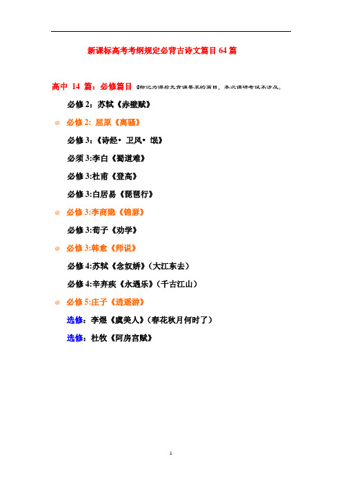 高中语文   人教版教材背诵篇目