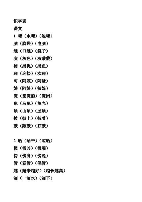 新人教版部编本小学二年级上册语文全册识字生字表组词