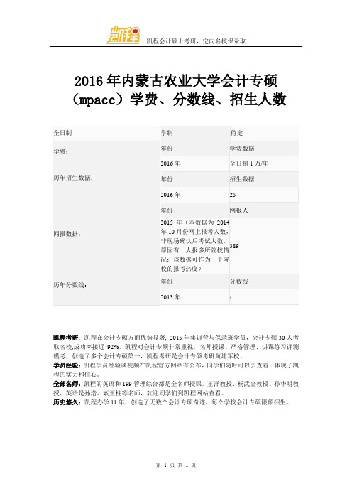 2016年内蒙古农业大学会计专硕(mpacc)学费、分数线、招生人数