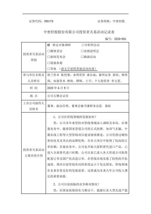 中密控股：2020年6月9日投资者关系活动记录表