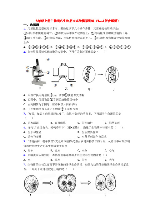 七年级上册生物茂名生物期末试卷模拟训练(Word版含解析)