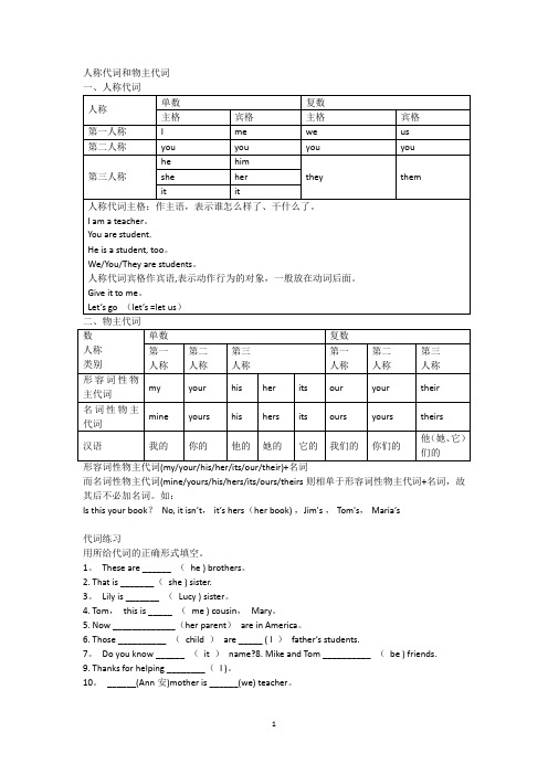 人称代词和物主代词讲解及习题