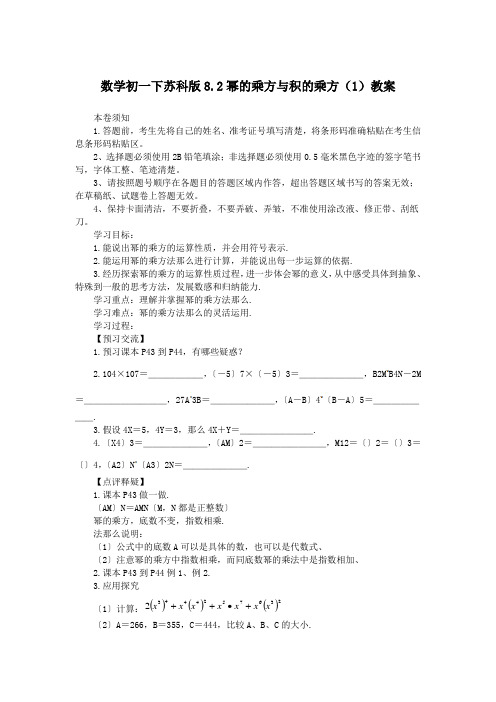 数学初一下苏科版8.2幂的乘方与积的乘方(1)教案