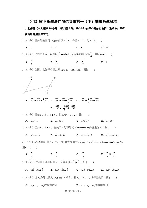 2018-2019学年浙江省绍兴市高一(下)期末数学试卷