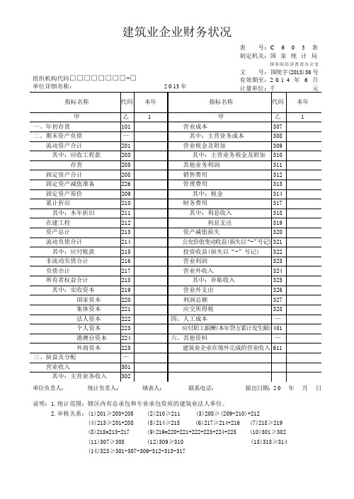 建筑业企业财务状况  C  6 0 3  表2013