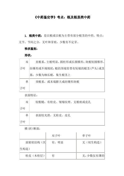 《中药鉴定学》考点：根及根茎类中药