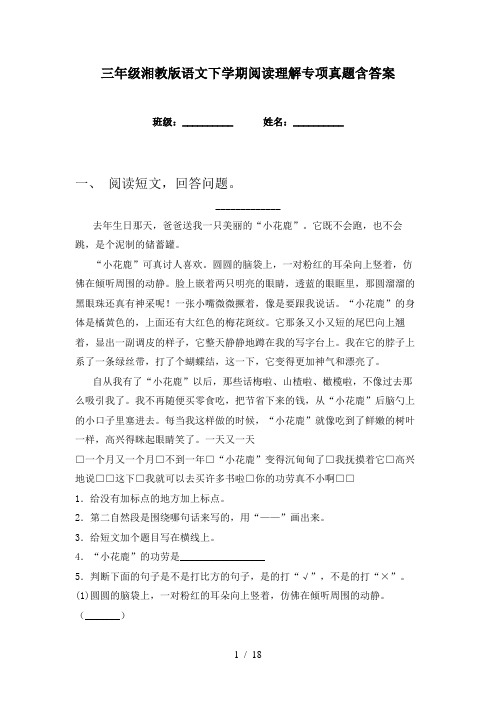 三年级湘教版语文下学期阅读理解专项真题含答案