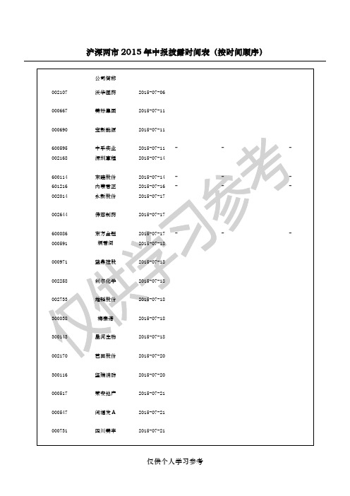 沪深两市X年中报披露时间表(按时间顺序)