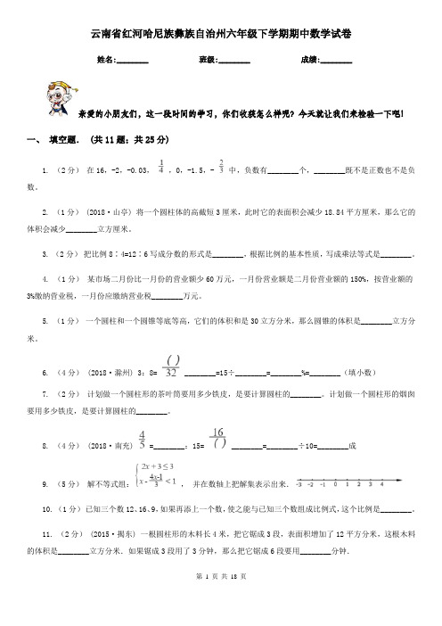 云南省红河哈尼族彝族自治州六年级下学期期中数学试卷