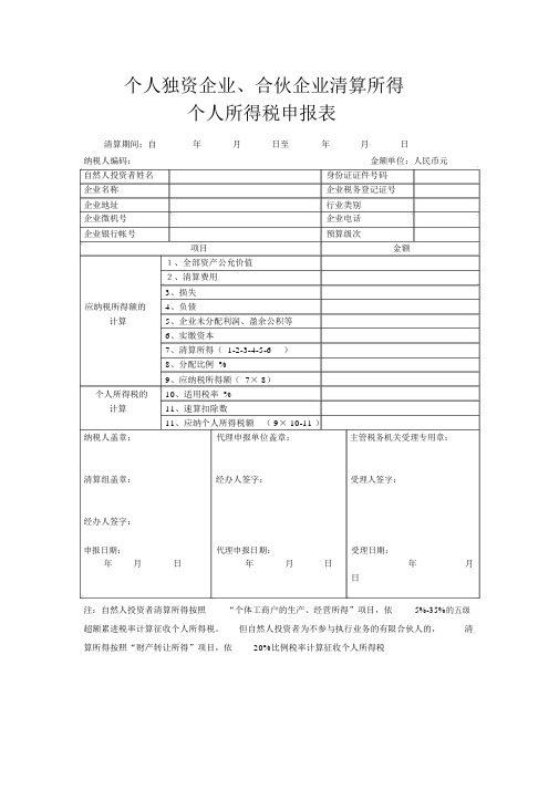 个人独资企业、合伙企业清算所得个人所得税申报表