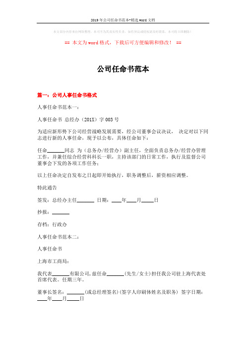 2019年公司任命书范本-精选word文档 (8页)