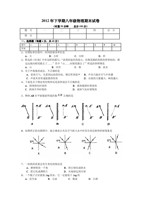 2012年下学期八年级物理期末试卷
