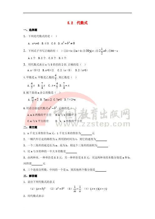 七年级数学上册 第五章 代数式与函数的初步认识 5.2《代数式》基础练习 (新版)青岛版