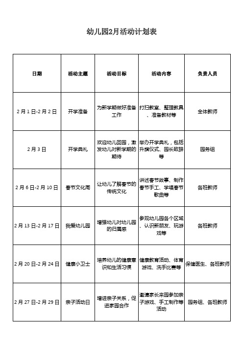 幼儿园2月活动计划表