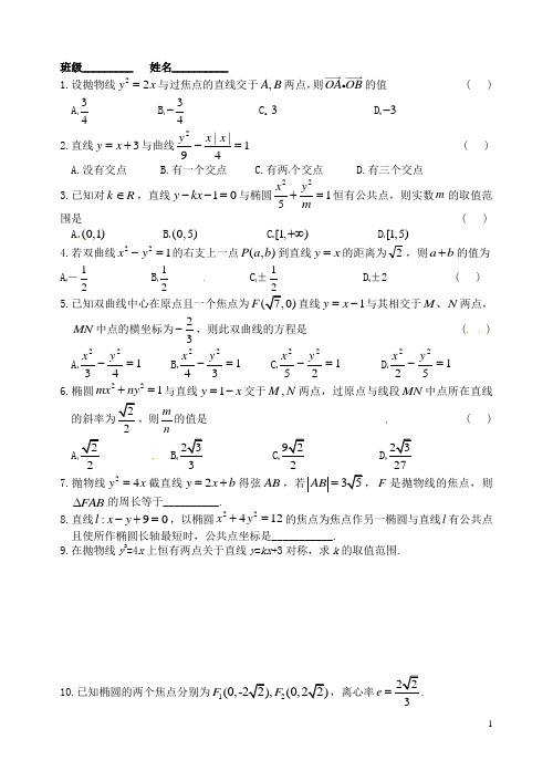 湖北省黄冈中学高考数学二轮复习 直线与圆锥曲线作业