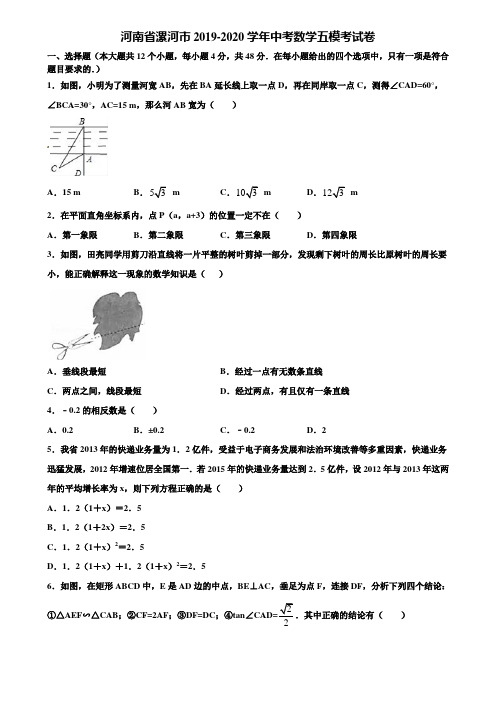 河南省漯河市2019-2020学年中考数学五模考试卷含解析