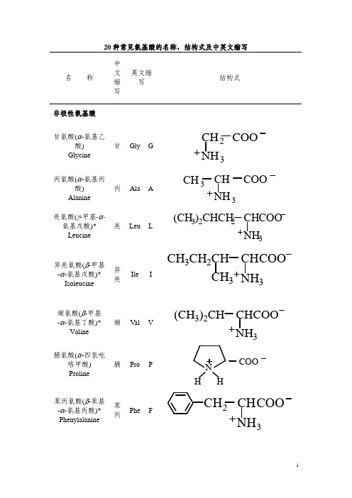 20种常见氨基酸的名称,结构及中英文缩写