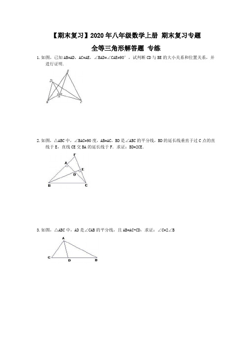 【期末复习】2020年八年级数学上册 期末复习专题 全等三角形解答题 专练(含答案)