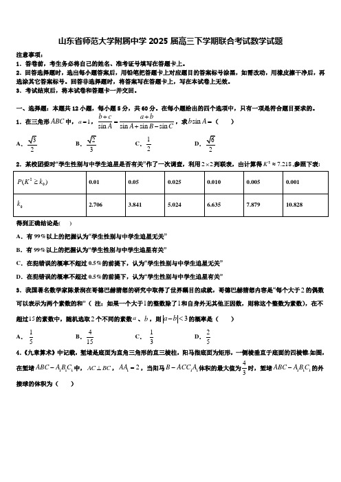 山东省师范大学附属中学2025届高三下学期联合考试数学试题含解析