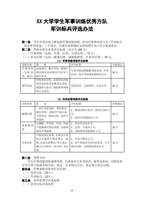 XX大学学生军事训练优秀方队军训标兵评选办法