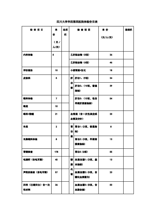 四川大学华西第四医院体检 价目表