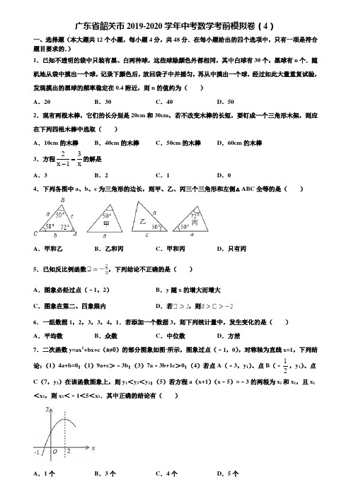 广东省韶关市2019-2020学年中考数学考前模拟卷(4)含解析