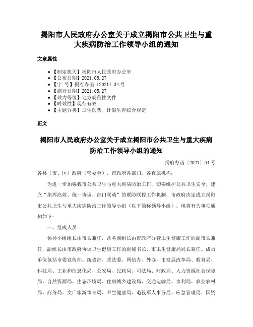 揭阳市人民政府办公室关于成立揭阳市公共卫生与重大疾病防治工作领导小组的通知