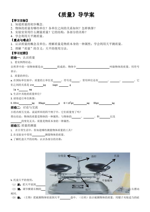 初中物理教育科学八年级上册(2023年新编) 质量与密度《质量》导学案