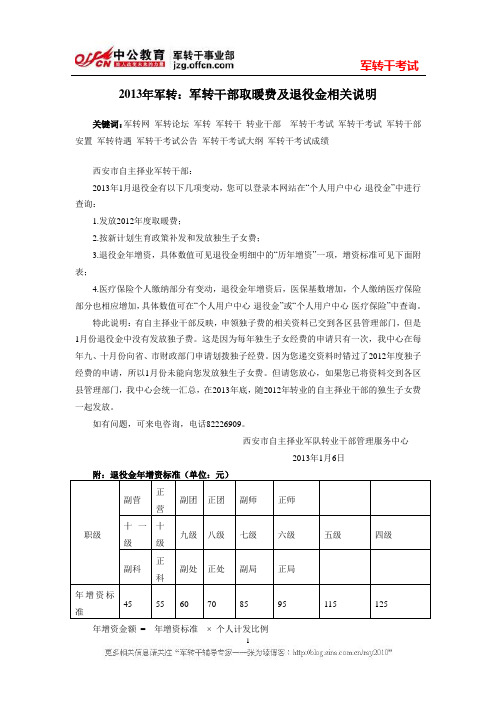 2013年军转：军转干部取暖费及退役金相关说明