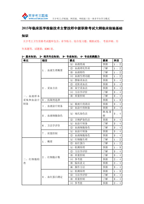 2015年临床医学检验技术主管技师中级职称考试大纲临床检验基础知识