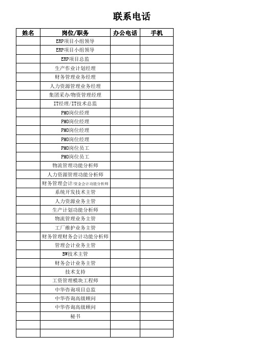 ERP项目小组成员与顾问联系清单