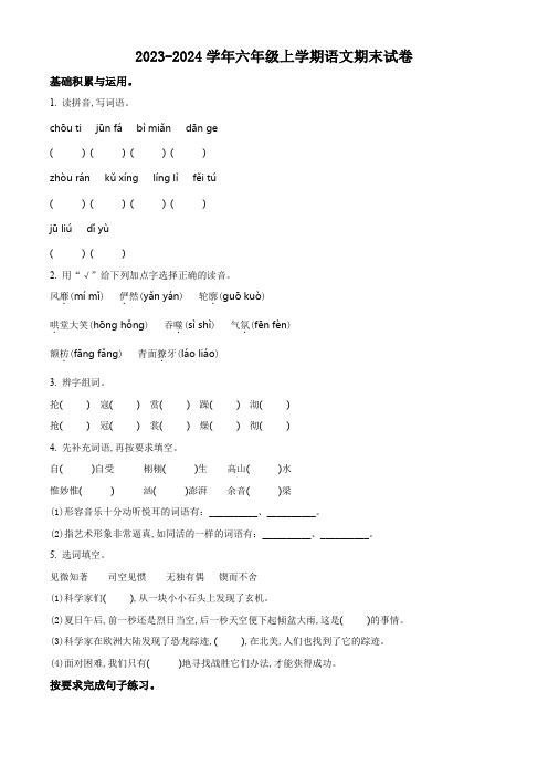 2023-2024学年统编版语文六年级上册《期末测试卷》有答案