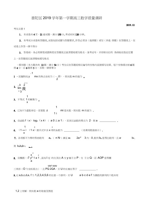 2020届上海市普陀区高三上学期质量调研(一模)数学试题(20200612191457)