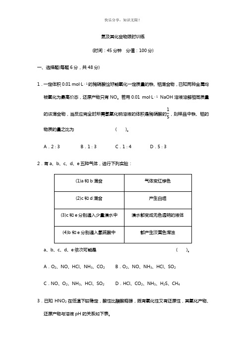 2019届高考化学总复习(人教版)氮及其化合物限时训练(学生版)