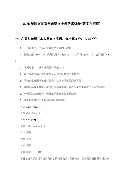 河南省郑州市语文中考试卷及答案指导(2025年)