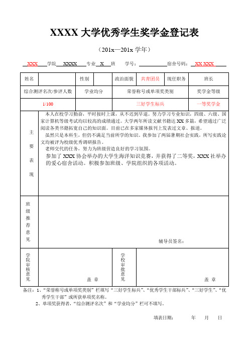 优秀学生奖学金登记表